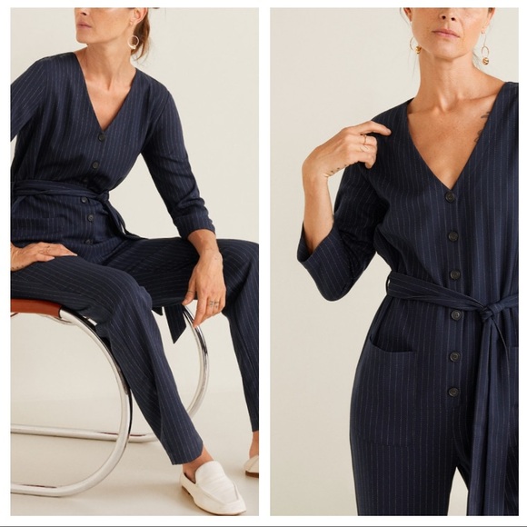 MANGO striped v-neck long jumpsuit - Picture 2 of 6